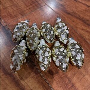 8 Vintage Poland Blown Glass Pinecone Christmas Ornaments Gold White Glitter Lot
